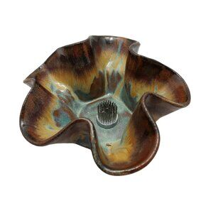 Pottery Planter Handkerchief Brown yellow green Floral Frog 3"x5" ceramic bowl